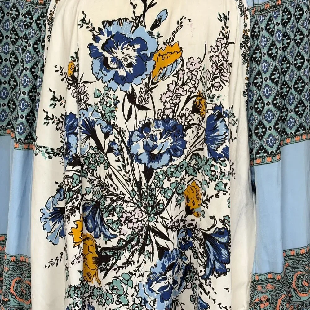 Free People Positano Printed Peasant Top Boho Prairie Cottage Flowy Size M
